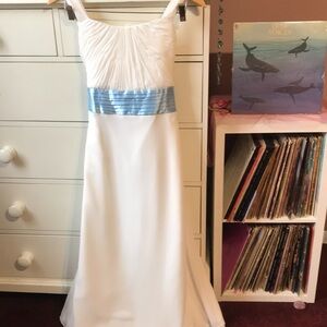 Bill Levkoff Formal White Blue Carolina Bow Sash Graduation Flower Girl Wedding